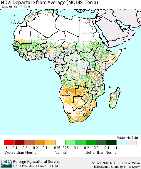 Africa NDVI Departure from Average (Terra-MODIS) Thematic Map For 10/1/2019 - 10/10/2019
