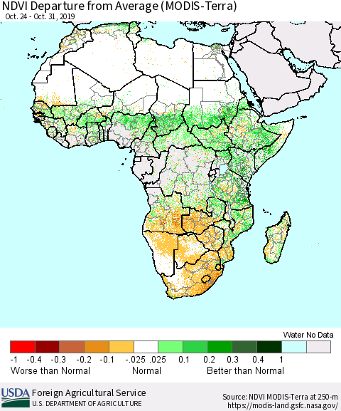 Africa NDVI Departure from Average (Terra-MODIS) Thematic Map For 10/21/2019 - 10/31/2019