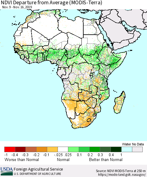 Africa NDVI Departure from Average (Terra-MODIS) Thematic Map For 11/11/2019 - 11/20/2019