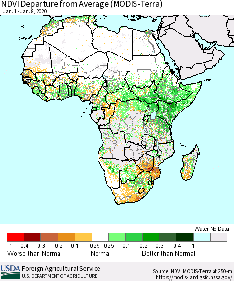Africa NDVI Departure from Average (Terra-MODIS) Thematic Map For 1/1/2020 - 1/10/2020