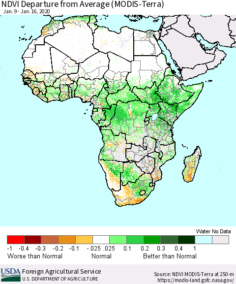 Africa NDVI Departure from Average (Terra-MODIS) Thematic Map For 1/11/2020 - 1/20/2020