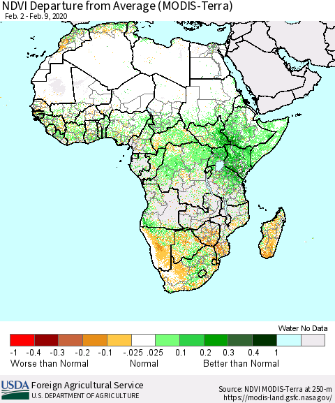 Africa NDVI Departure from Average (Terra-MODIS) Thematic Map For 2/1/2020 - 2/10/2020