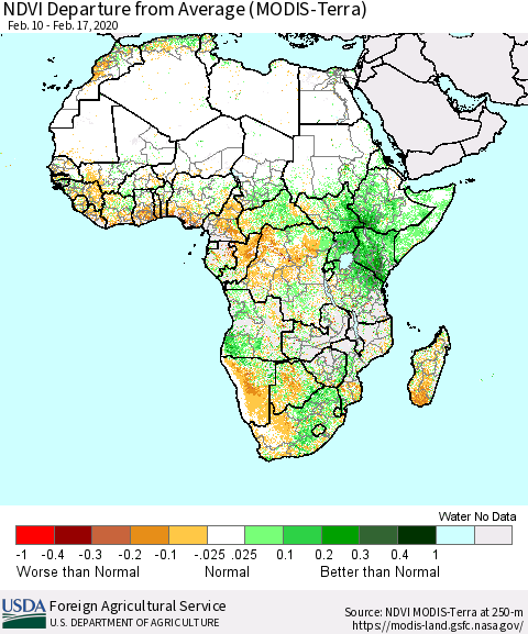 Africa NDVI Departure from Average (Terra-MODIS) Thematic Map For 2/11/2020 - 2/20/2020