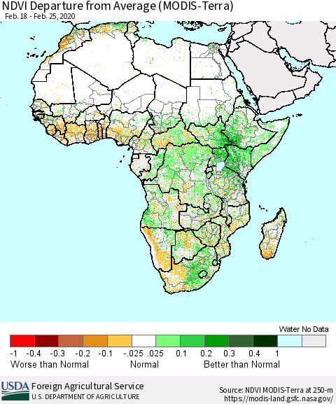 Africa NDVI Departure from Average (Terra-MODIS) Thematic Map For 2/21/2020 - 2/29/2020