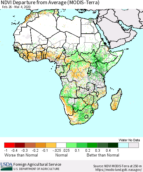 Africa NDVI Departure from Average (Terra-MODIS) Thematic Map For 3/1/2020 - 3/10/2020