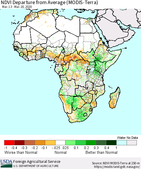 Africa NDVI Departure from Average (Terra-MODIS) Thematic Map For 3/11/2020 - 3/20/2020