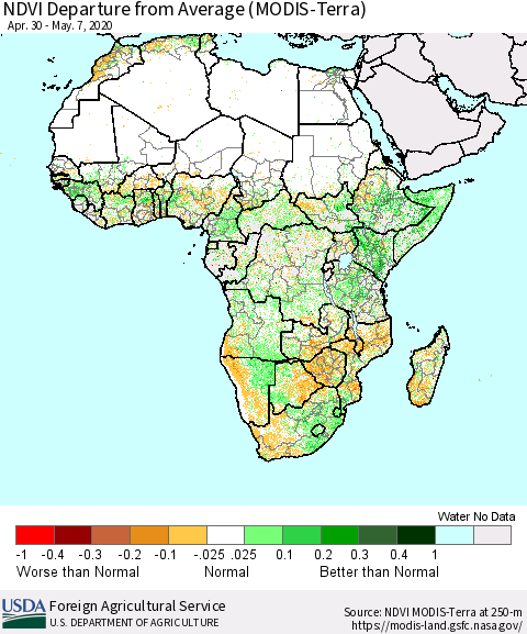 Africa NDVI Departure from Average (Terra-MODIS) Thematic Map For 5/1/2020 - 5/10/2020