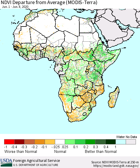 Africa NDVI Departure from Average (Terra-MODIS) Thematic Map For 6/1/2020 - 6/10/2020