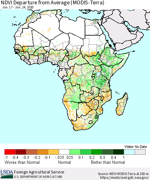 Africa NDVI Departure from Average (Terra-MODIS) Thematic Map For 6/21/2020 - 6/30/2020