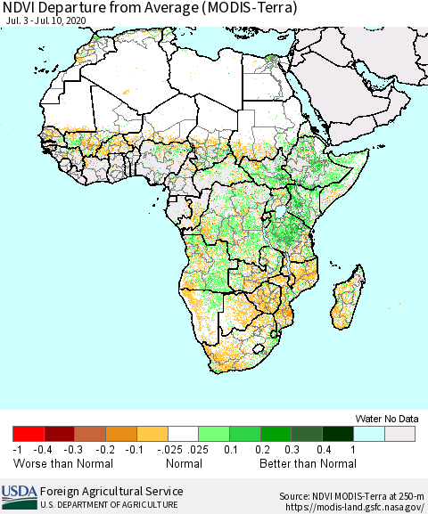 Africa NDVI Departure from Average (Terra-MODIS) Thematic Map For 7/1/2020 - 7/10/2020