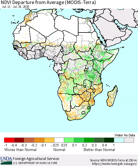 Africa NDVI Departure from Average (Terra-MODIS) Thematic Map For 7/11/2020 - 7/20/2020