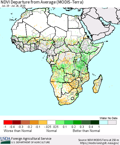 Africa NDVI Departure from Average (Terra-MODIS) Thematic Map For 7/21/2020 - 7/31/2020