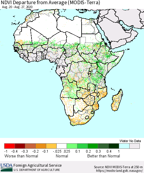 Africa NDVI Departure from Average (Terra-MODIS) Thematic Map For 8/21/2020 - 8/31/2020