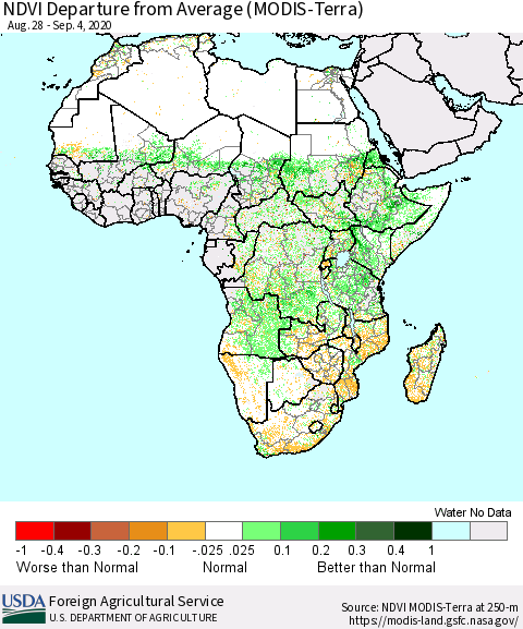 Africa NDVI Departure from Average (Terra-MODIS) Thematic Map For 9/1/2020 - 9/10/2020