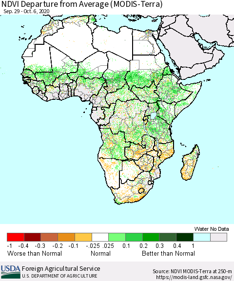 Africa NDVI Departure from Average (Terra-MODIS) Thematic Map For 10/1/2020 - 10/10/2020