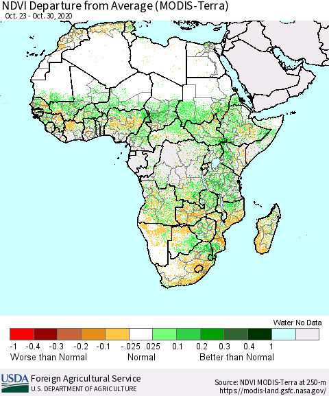 Africa NDVI Departure from Average (Terra-MODIS) Thematic Map For 10/21/2020 - 10/31/2020