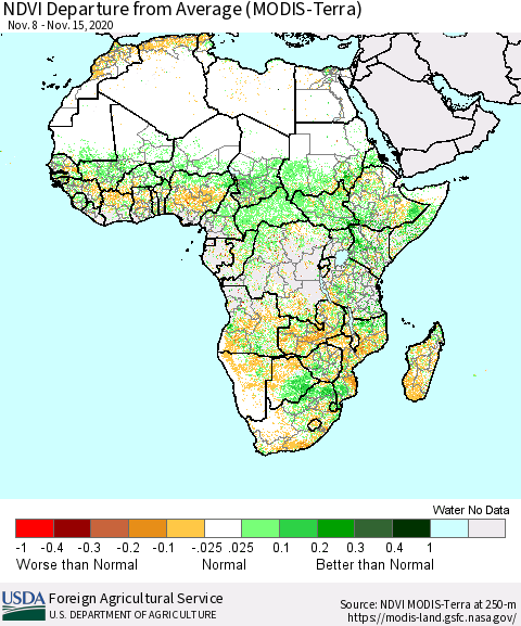 Africa NDVI Departure from Average (Terra-MODIS) Thematic Map For 11/11/2020 - 11/20/2020