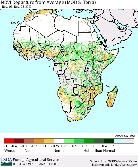 Africa NDVI Departure from Average (Terra-MODIS) Thematic Map For 11/21/2020 - 11/30/2020