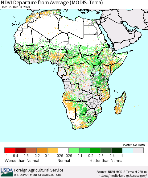 Africa NDVI Departure from Average (Terra-MODIS) Thematic Map For 12/1/2020 - 12/10/2020