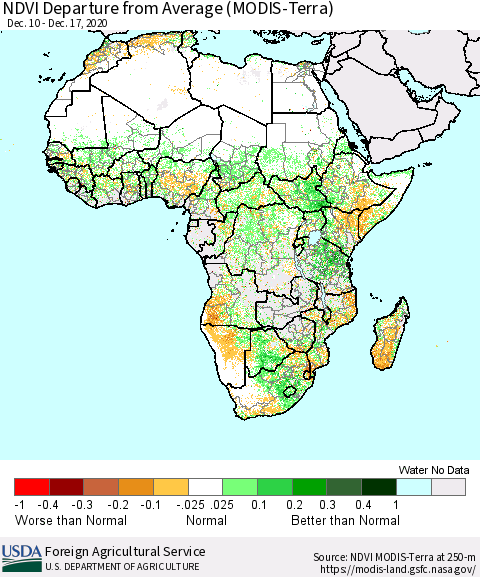 Africa NDVI Departure from Average (Terra-MODIS) Thematic Map For 12/11/2020 - 12/20/2020