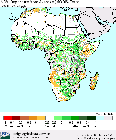 Africa NDVI Departure from Average (Terra-MODIS) Thematic Map For 12/21/2020 - 12/31/2020