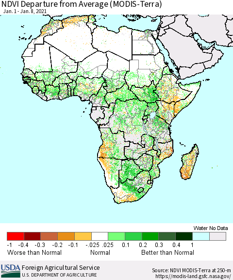 Africa NDVI Departure from Average (Terra-MODIS) Thematic Map For 1/1/2021 - 1/10/2021