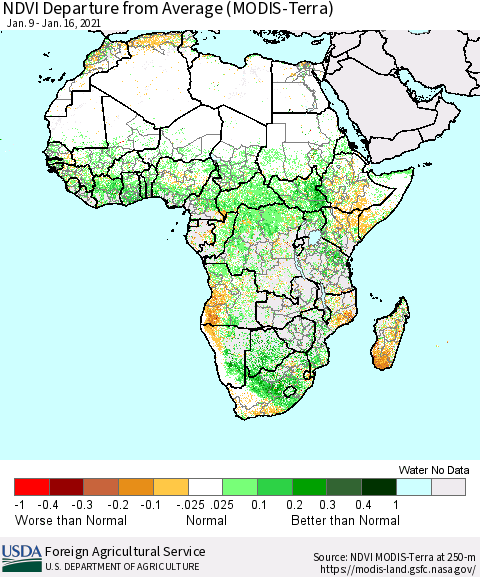 Africa NDVI Departure from Average (Terra-MODIS) Thematic Map For 1/11/2021 - 1/20/2021