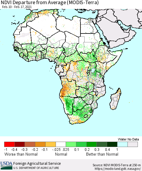 Africa NDVI Departure from Average (Terra-MODIS) Thematic Map For 2/11/2021 - 2/20/2021