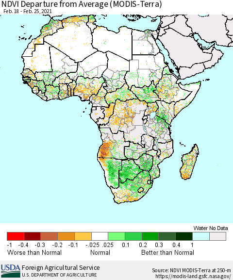 Africa NDVI Departure from Average (Terra-MODIS) Thematic Map For 2/21/2021 - 2/28/2021