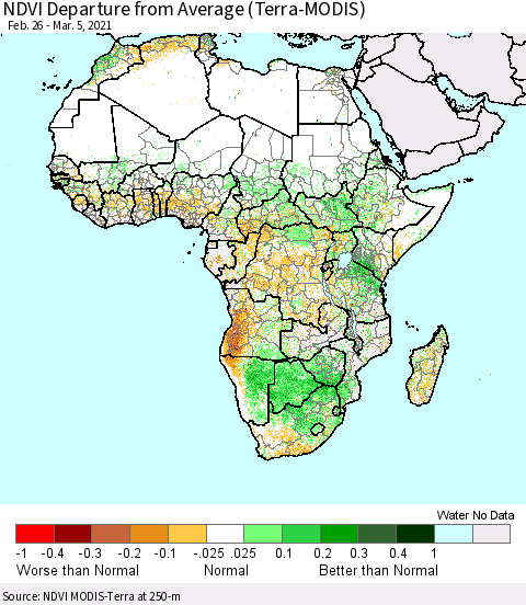 Africa NDVI Departure from Average (Terra-MODIS) Thematic Map For 2/26/2021 - 3/5/2021