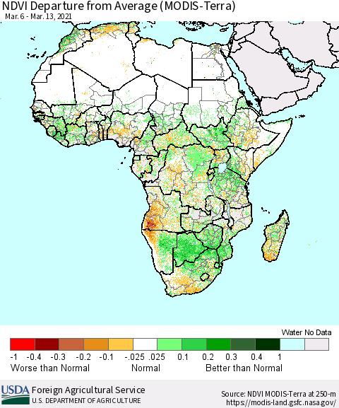Africa NDVI Departure from Average (Terra-MODIS) Thematic Map For 3/11/2021 - 3/20/2021