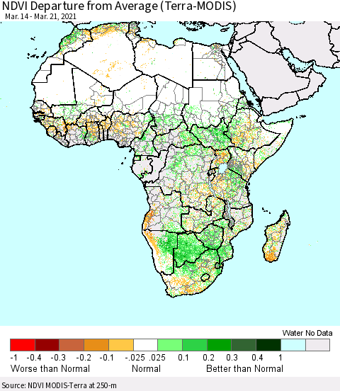 Africa NDVI Departure from Average (Terra-MODIS) Thematic Map For 3/14/2021 - 3/21/2021