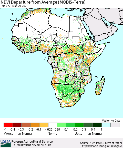 Africa NDVI Departure from Average (Terra-MODIS) Thematic Map For 3/21/2021 - 3/31/2021