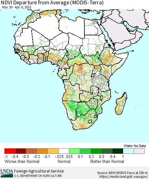 Africa NDVI Departure from Average (Terra-MODIS) Thematic Map For 4/1/2021 - 4/10/2021