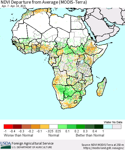 Africa NDVI Departure from Average (Terra-MODIS) Thematic Map For 4/11/2021 - 4/20/2021