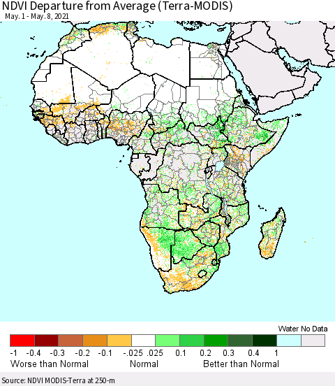 Africa NDVI Departure from Average (Terra-MODIS) Thematic Map For 5/1/2021 - 5/8/2021