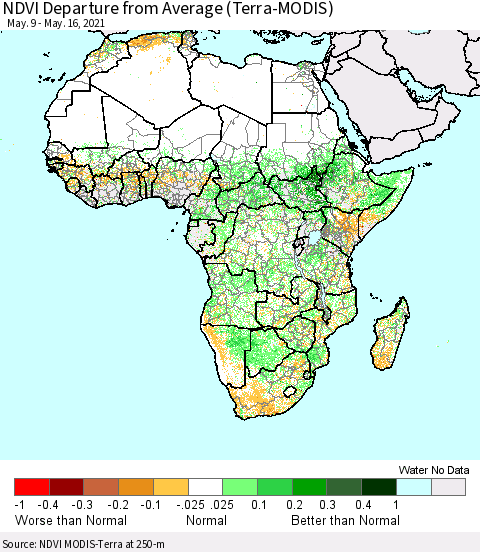 Africa NDVI Departure from Average (Terra-MODIS) Thematic Map For 5/9/2021 - 5/16/2021