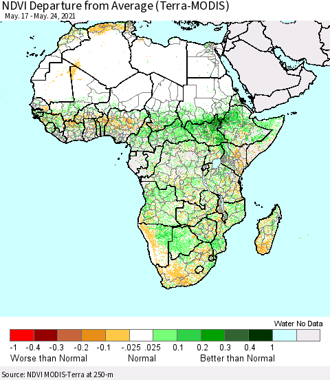 Africa NDVI Departure from Average (Terra-MODIS) Thematic Map For 5/17/2021 - 5/24/2021
