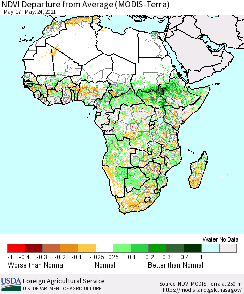 Africa NDVI Departure from Average (Terra-MODIS) Thematic Map For 5/21/2021 - 5/31/2021