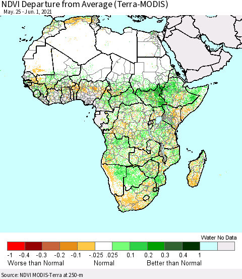 Africa NDVI Departure from Average (Terra-MODIS) Thematic Map For 5/25/2021 - 6/1/2021