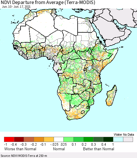 Africa NDVI Departure from Average (Terra-MODIS) Thematic Map For 6/10/2021 - 6/17/2021