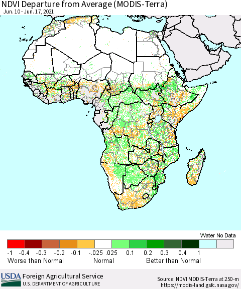 Africa NDVI Departure from Average (Terra-MODIS) Thematic Map For 6/11/2021 - 6/20/2021