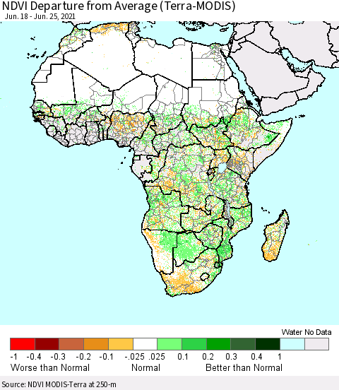 Africa NDVI Departure from Average (Terra-MODIS) Thematic Map For 6/18/2021 - 6/25/2021