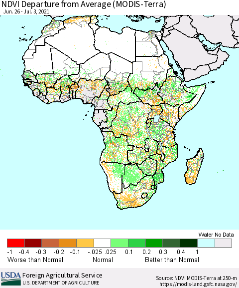 Africa NDVI Departure from Average (Terra-MODIS) Thematic Map For 7/1/2021 - 7/10/2021