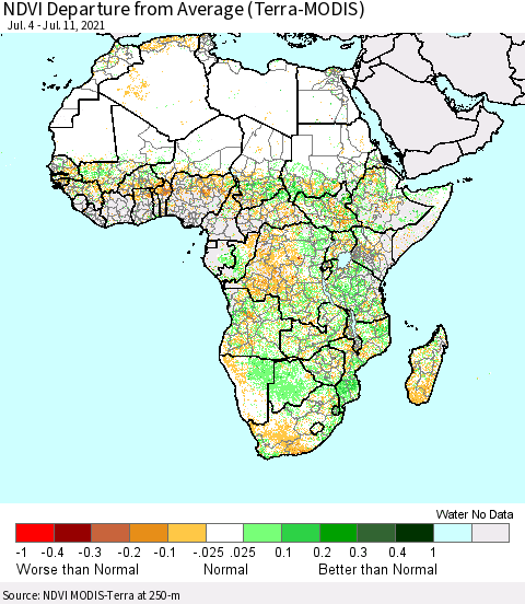 Africa NDVI Departure from Average (Terra-MODIS) Thematic Map For 7/4/2021 - 7/11/2021