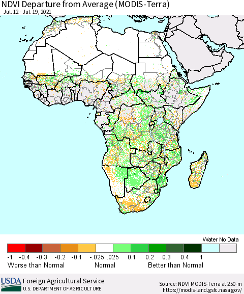Africa NDVI Departure from Average (Terra-MODIS) Thematic Map For 7/11/2021 - 7/20/2021