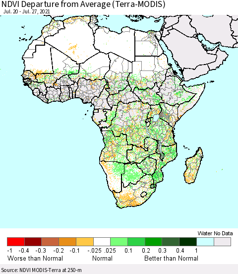 Africa NDVI Departure from Average (Terra-MODIS) Thematic Map For 7/20/2021 - 7/27/2021