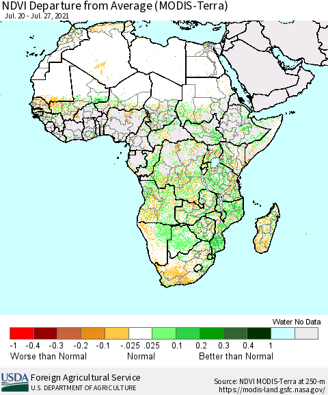 Africa NDVI Departure from Average (Terra-MODIS) Thematic Map For 7/21/2021 - 7/31/2021