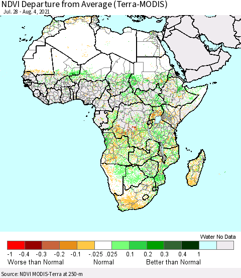 Africa NDVI Departure from Average (Terra-MODIS) Thematic Map For 7/28/2021 - 8/4/2021