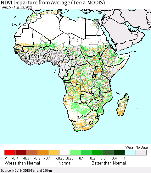 Africa NDVI Departure from Average (Terra-MODIS) Thematic Map For 8/5/2021 - 8/12/2021